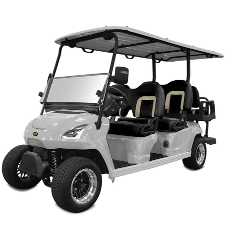 White four-seat golf cart with black seats