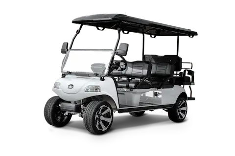 White golf cart with seating and roof